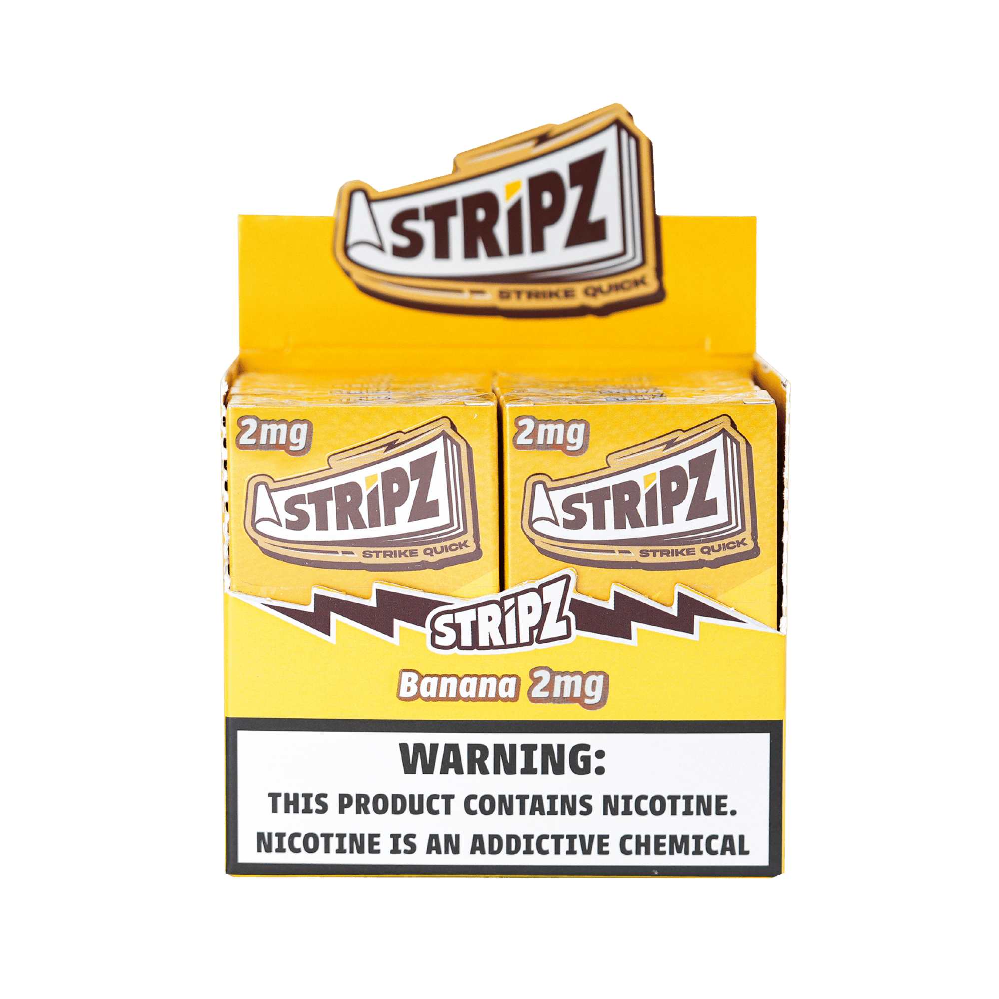 Banana Stripz 2mg — open display box of nicotine strip packs.