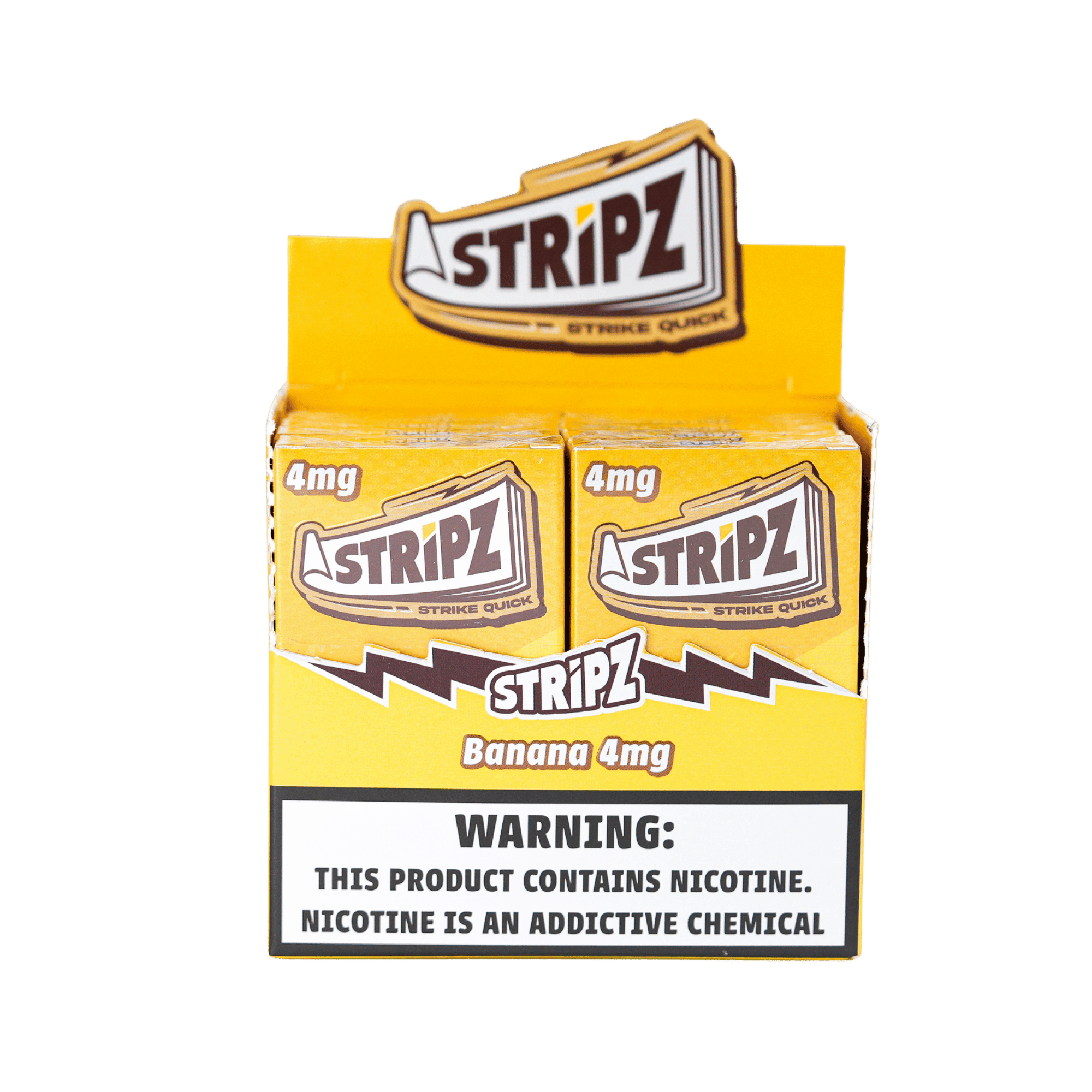 Banana Stripz 4mg — open display box of nicotine strip packs.