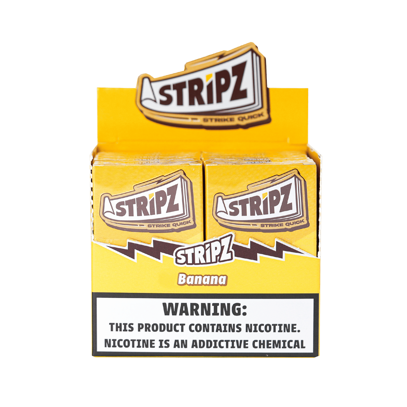 Banana Stripz nicotine strips — open display box, front view.
