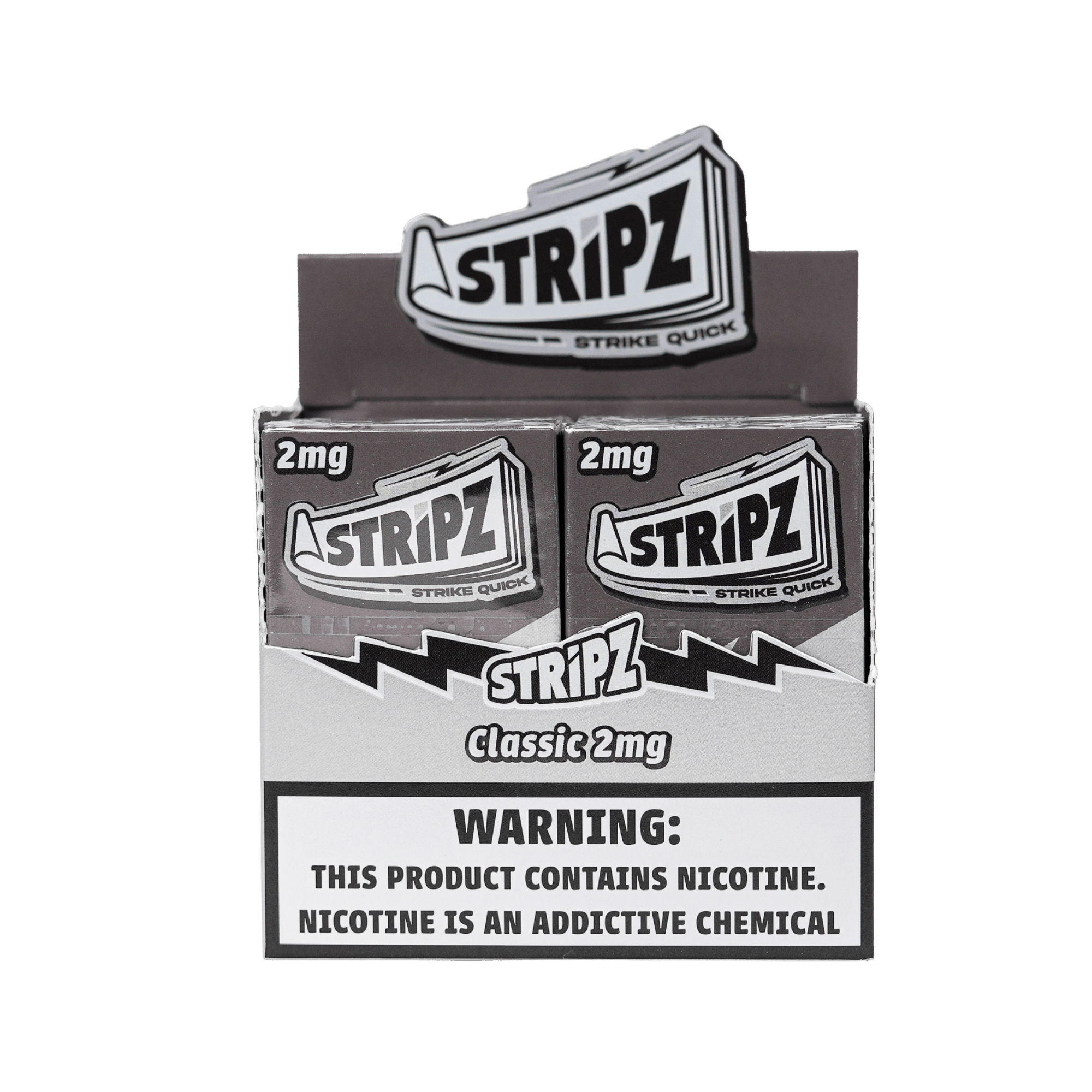 Classic Stripz 2mg — open display box of nicotine strip packs.