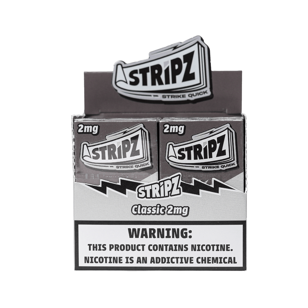 Classic Stripz 2mg — open display box of nicotine strip packs.