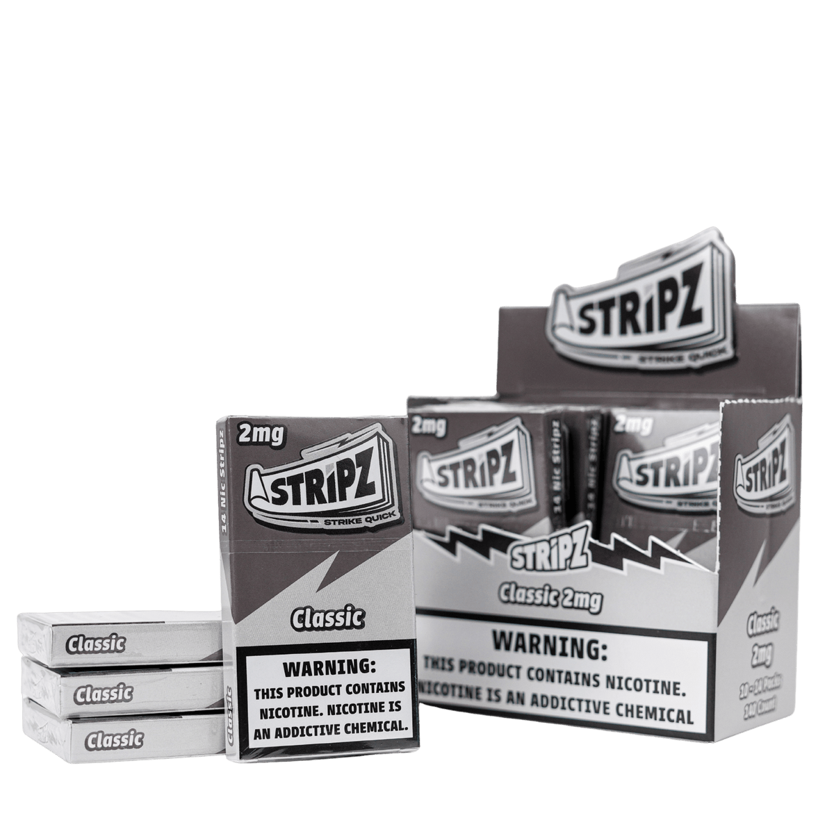 Classic Stripz 2mg — single pack with open display box and stacked packs.