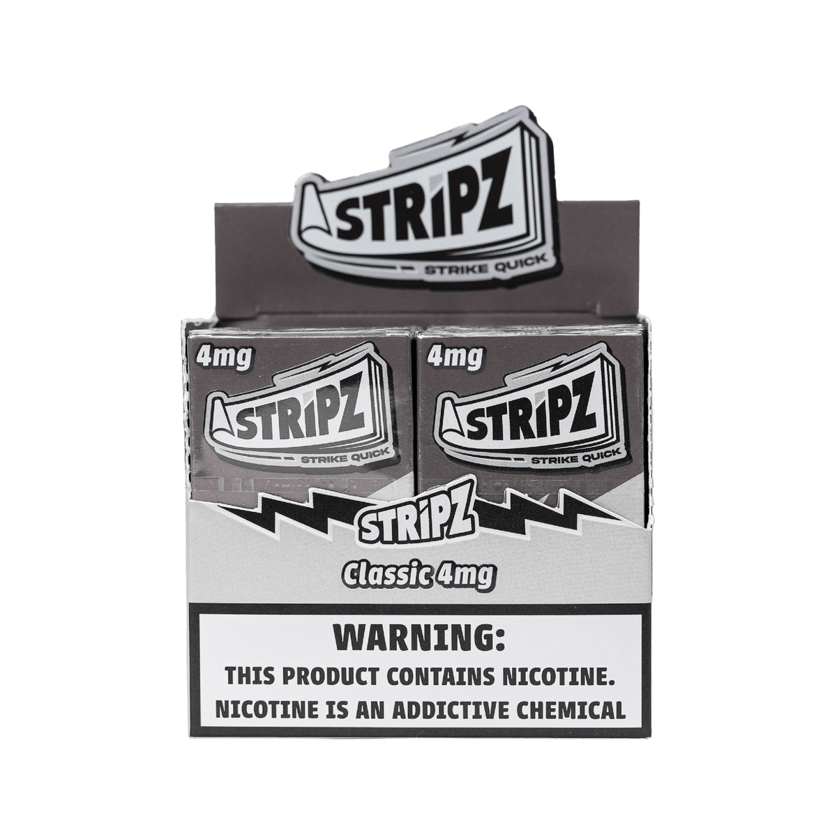 Classic Stripz 4mg — open display box of nicotine strip packs.