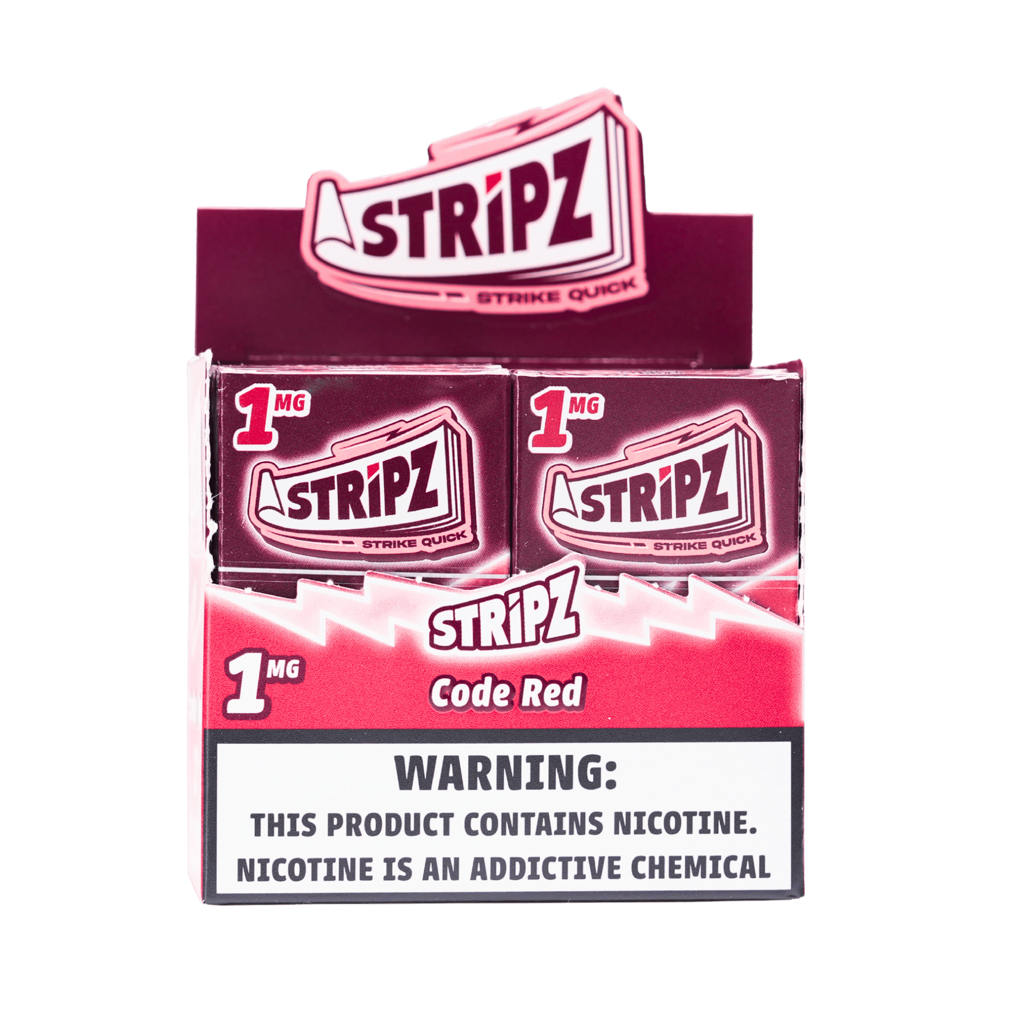 Code Red Stripz 1mg — open display box of nicotine strip packs.