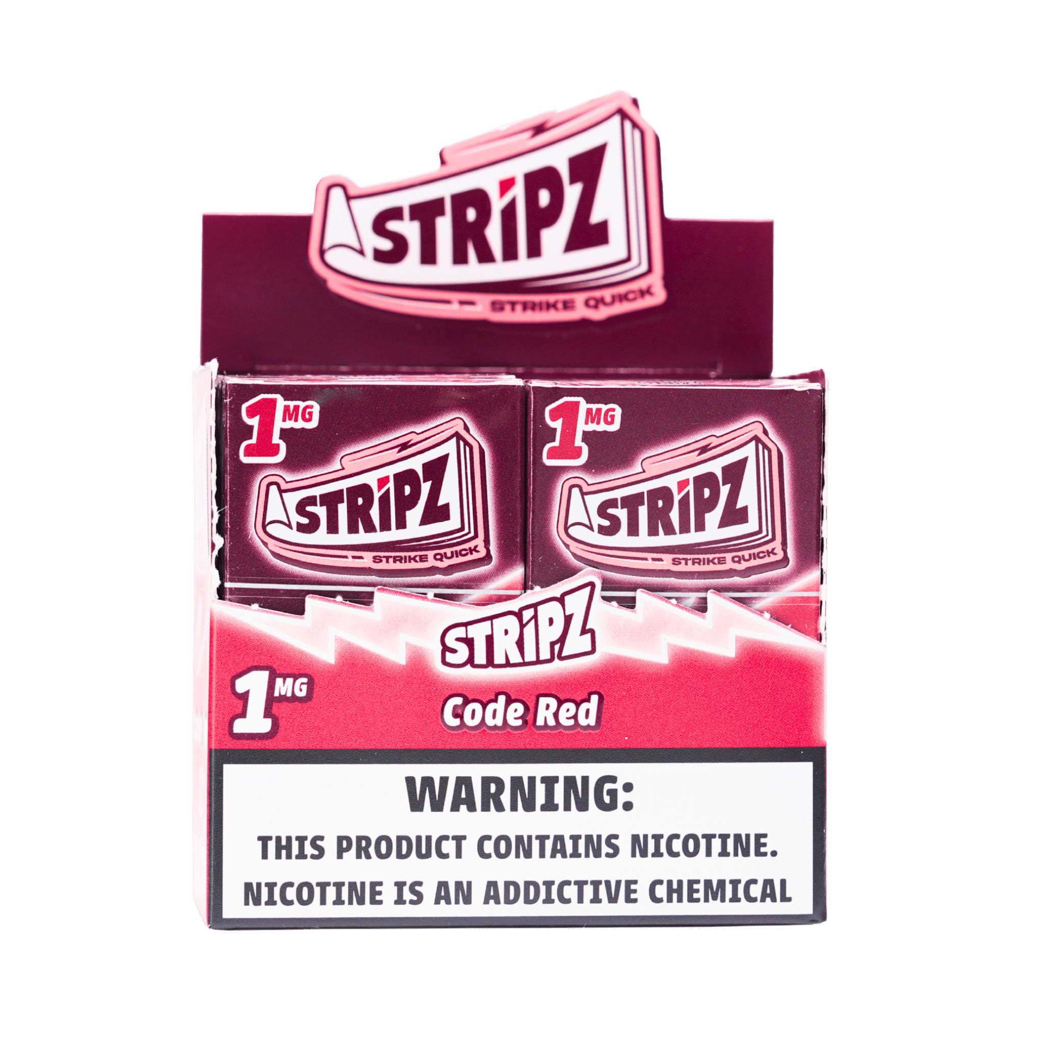 Code Red Stripz 1mg — open display box of nicotine strip packs.