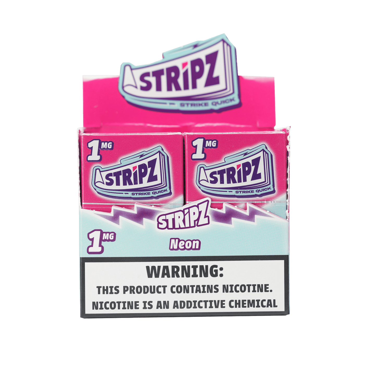 Neon Stripz 1mg — open display box of nicotine strip packs.