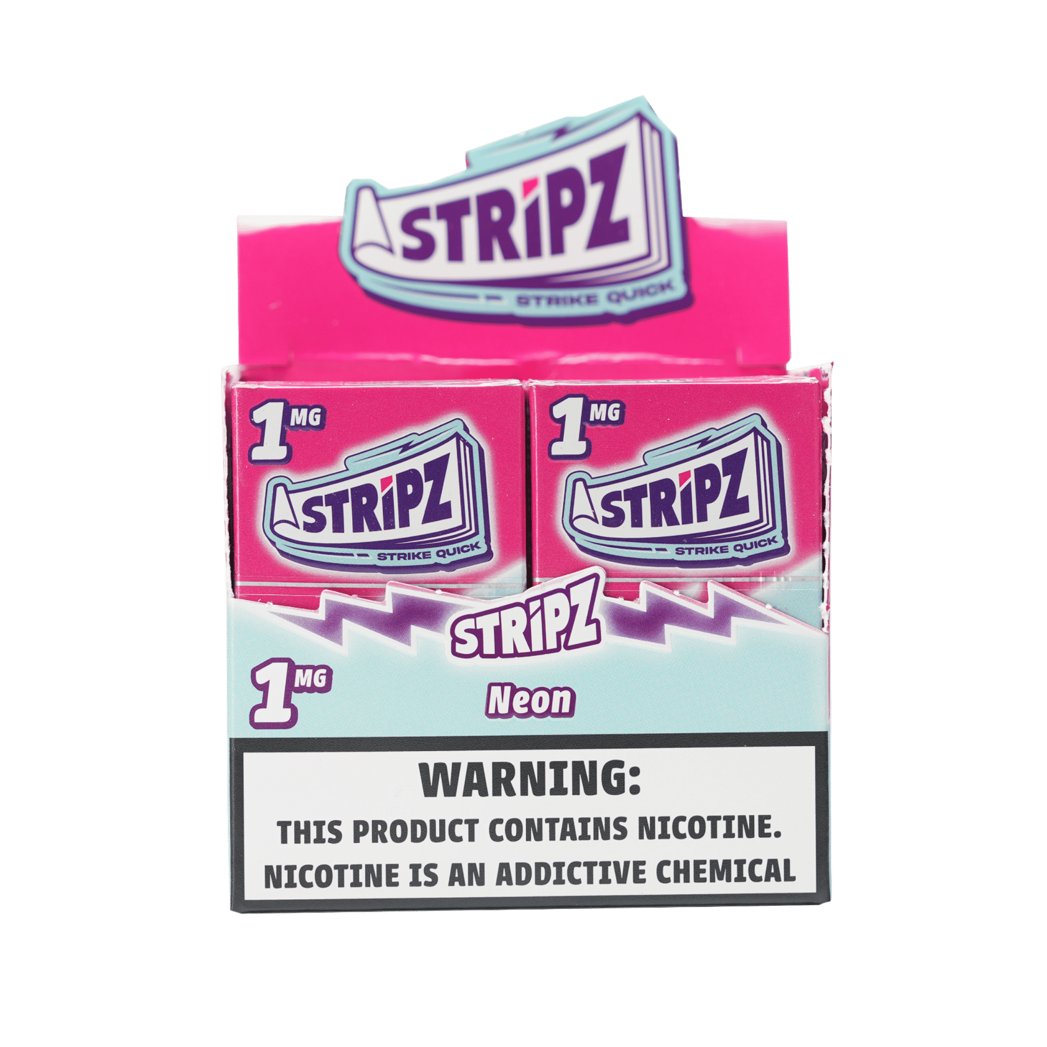 Neon Stripz 1mg — open display box of nicotine strip packs.