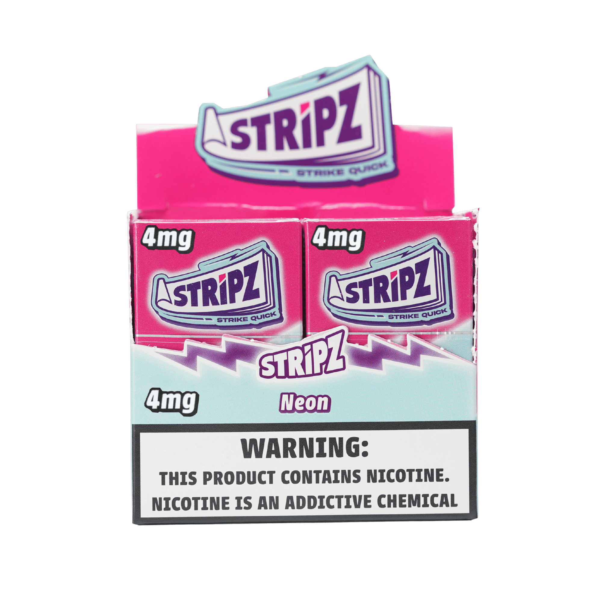 Neon Stripz 4mg — open display box of nicotine strip packs.