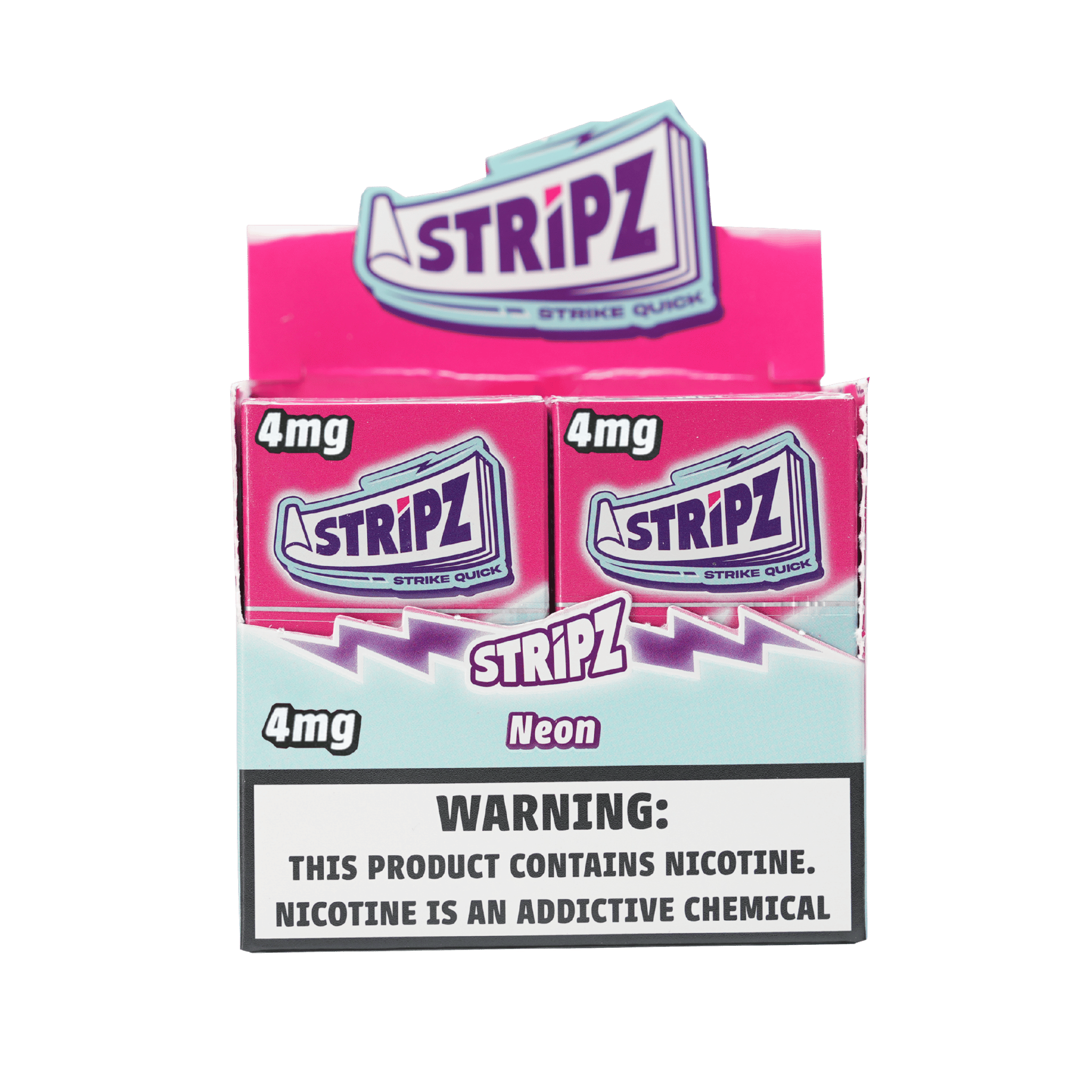 Neon Stripz 4mg — open display box of nicotine strip packs.