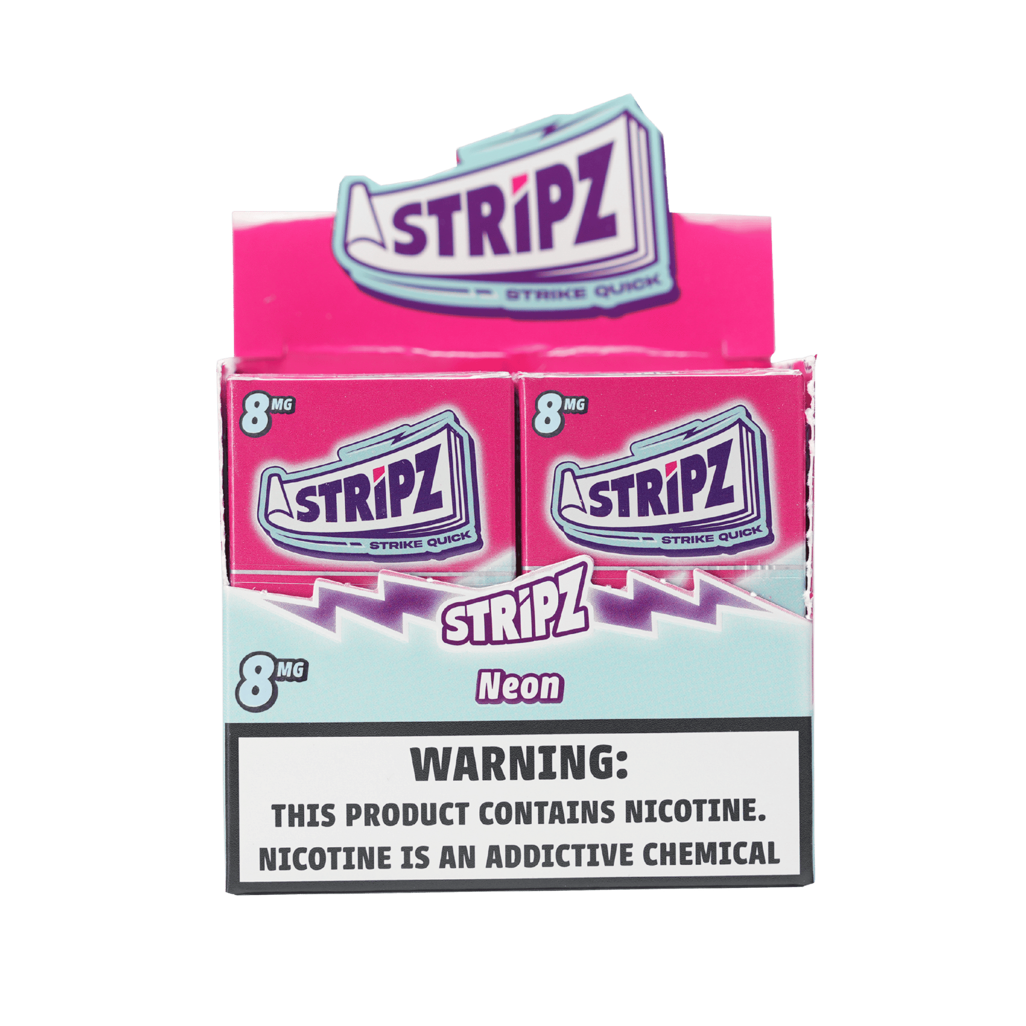 Neon Stripz 8mg — open display box of nicotine strip packs.