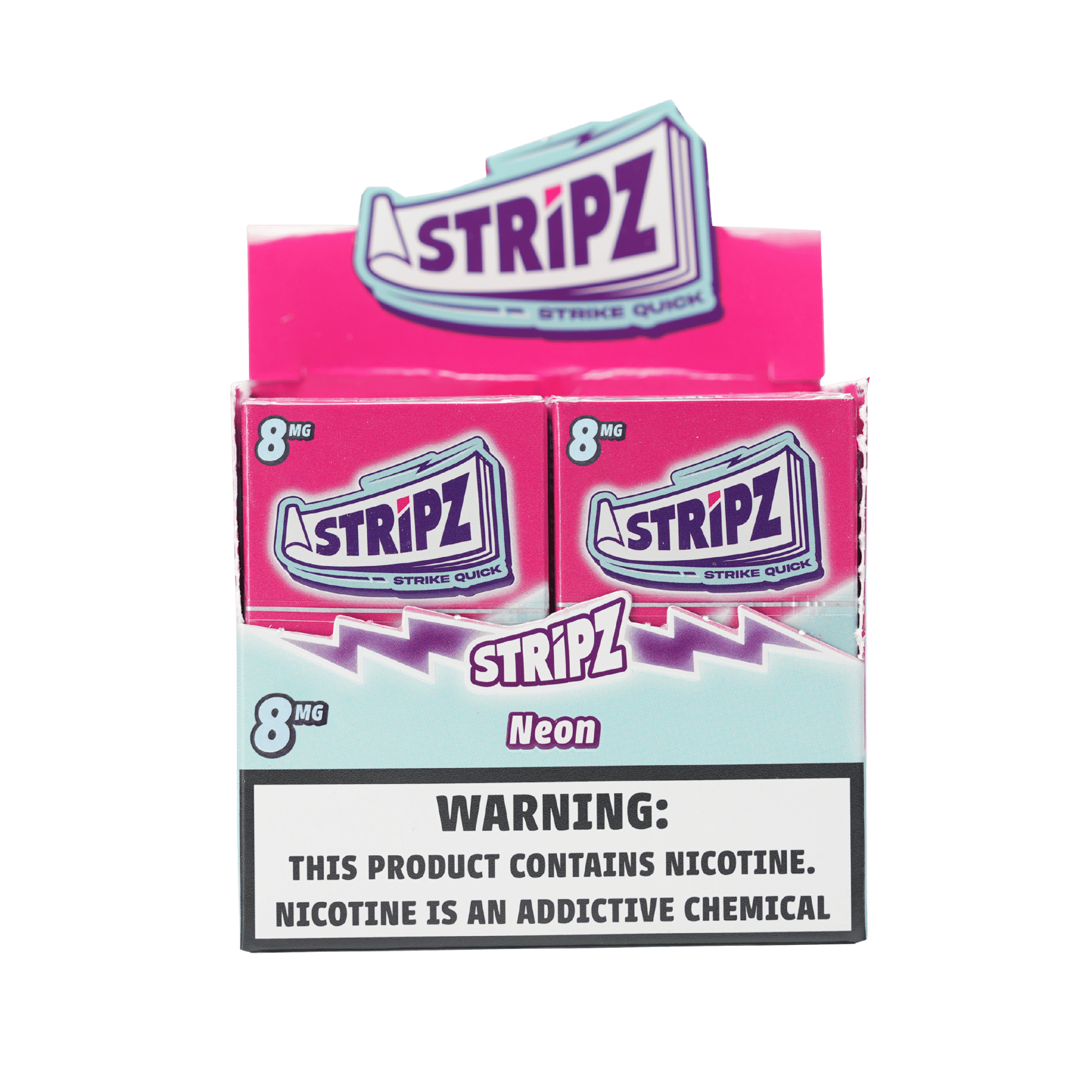 Neon Stripz 8mg — open display box of nicotine strip packs.