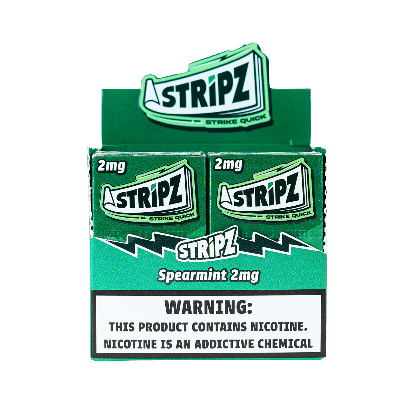 Spearmint Stripz 2mg — open display box of nicotine strip packs.