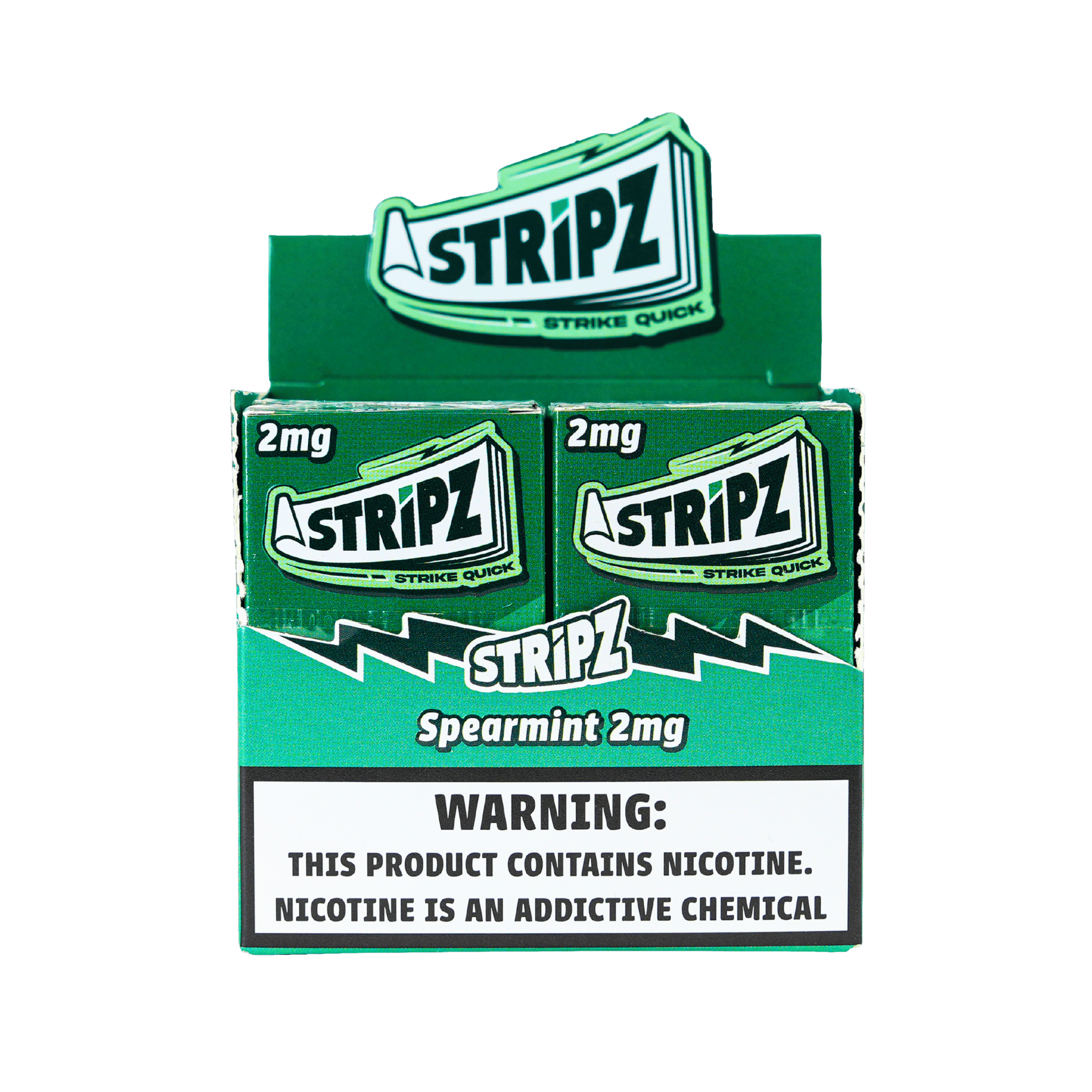 Spearmint Stripz 2mg — open display box of nicotine strip packs.