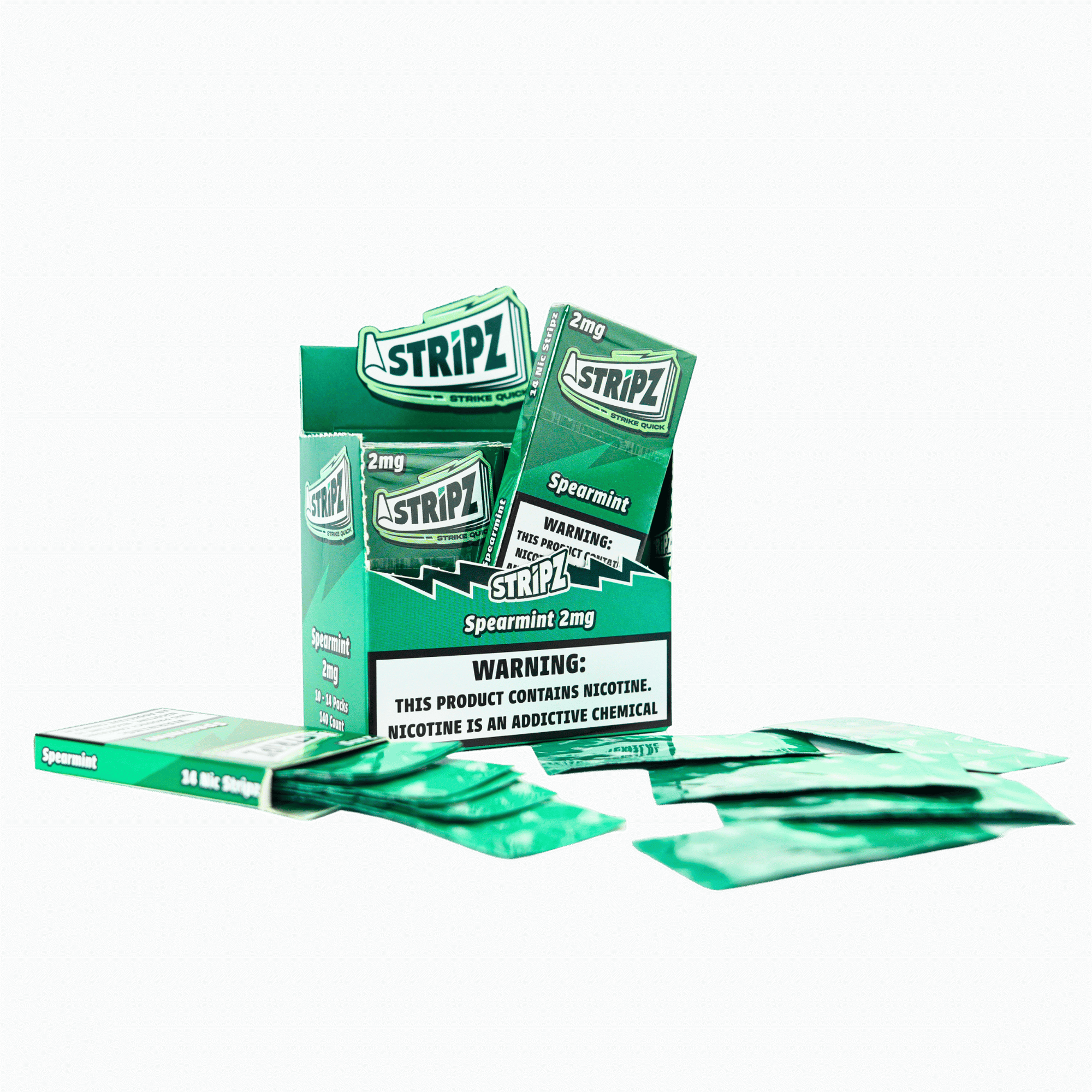 Spearmint Stripz 2mg — display box with single pack and strips fanned out.