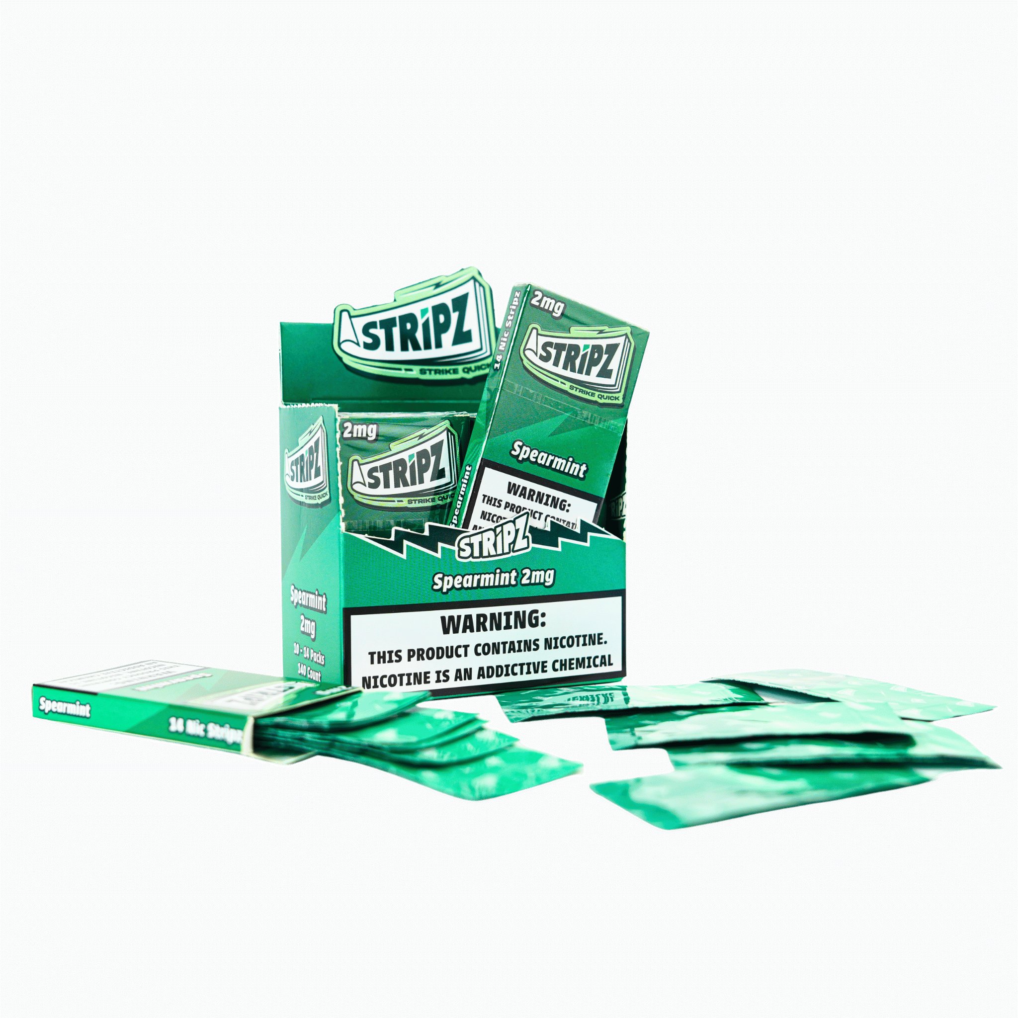 Spearmint Stripz 2mg — display box with single pack and strips fanned out.