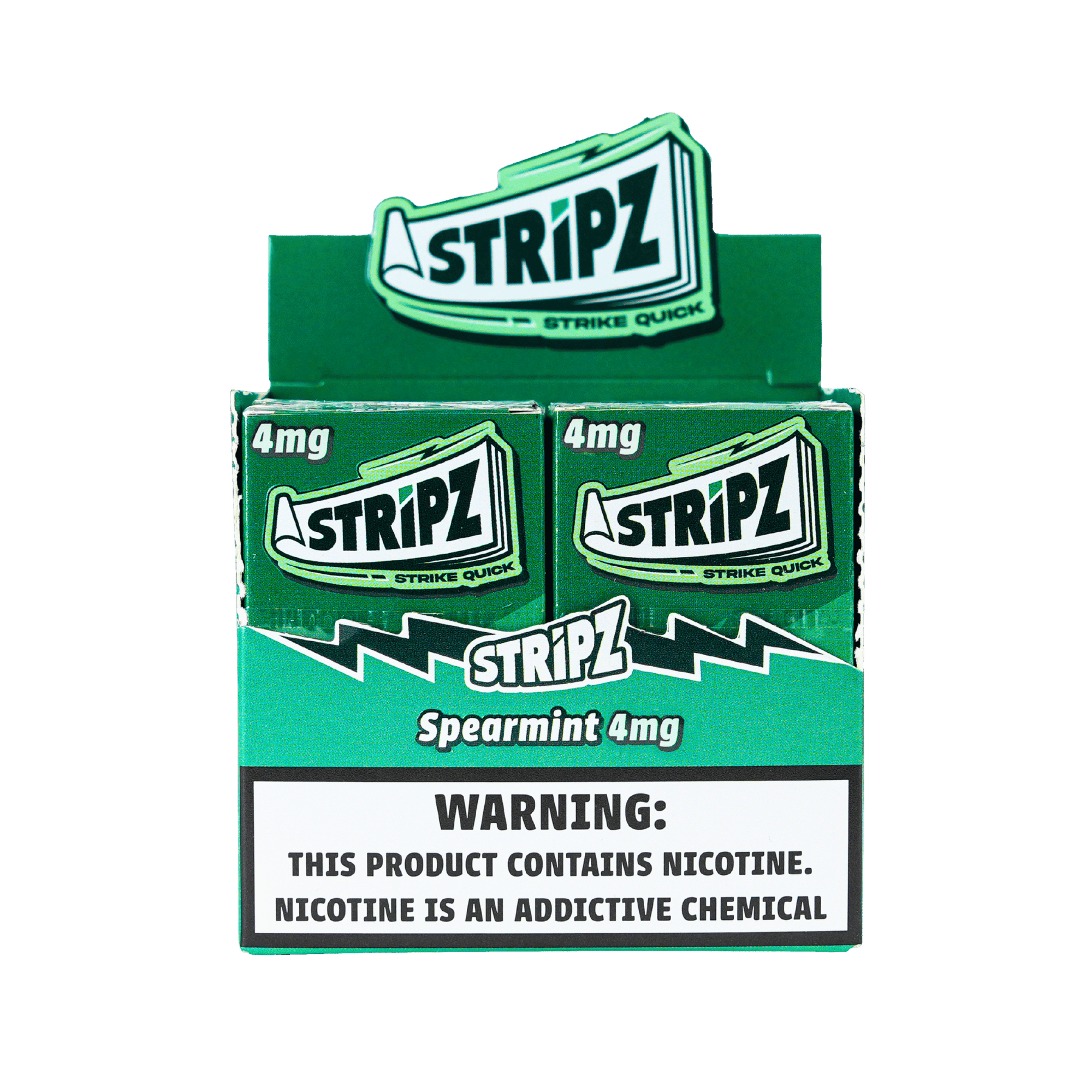 Spearmint Stripz 4mg — open display box of nicotine strip packs.