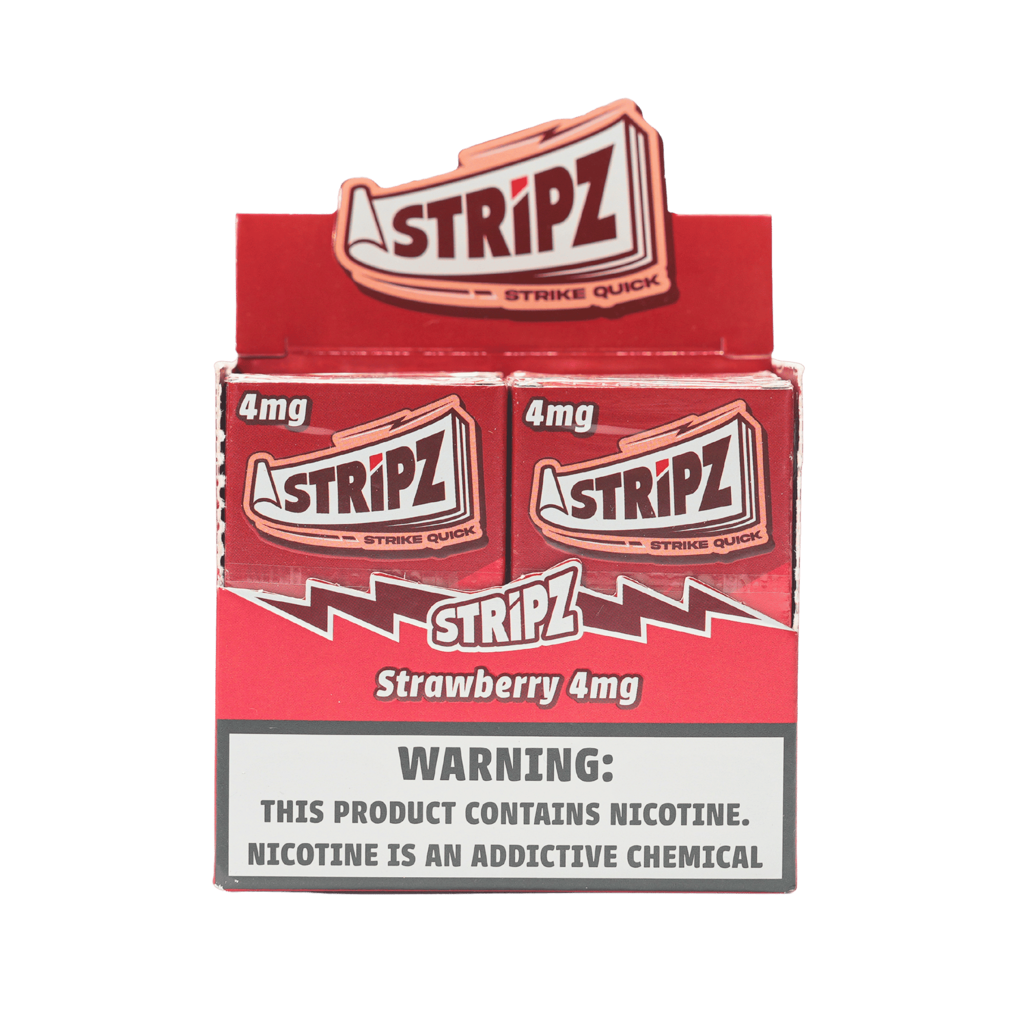 Strawberry Stripz 4mg — open display box of nicotine strip packs.