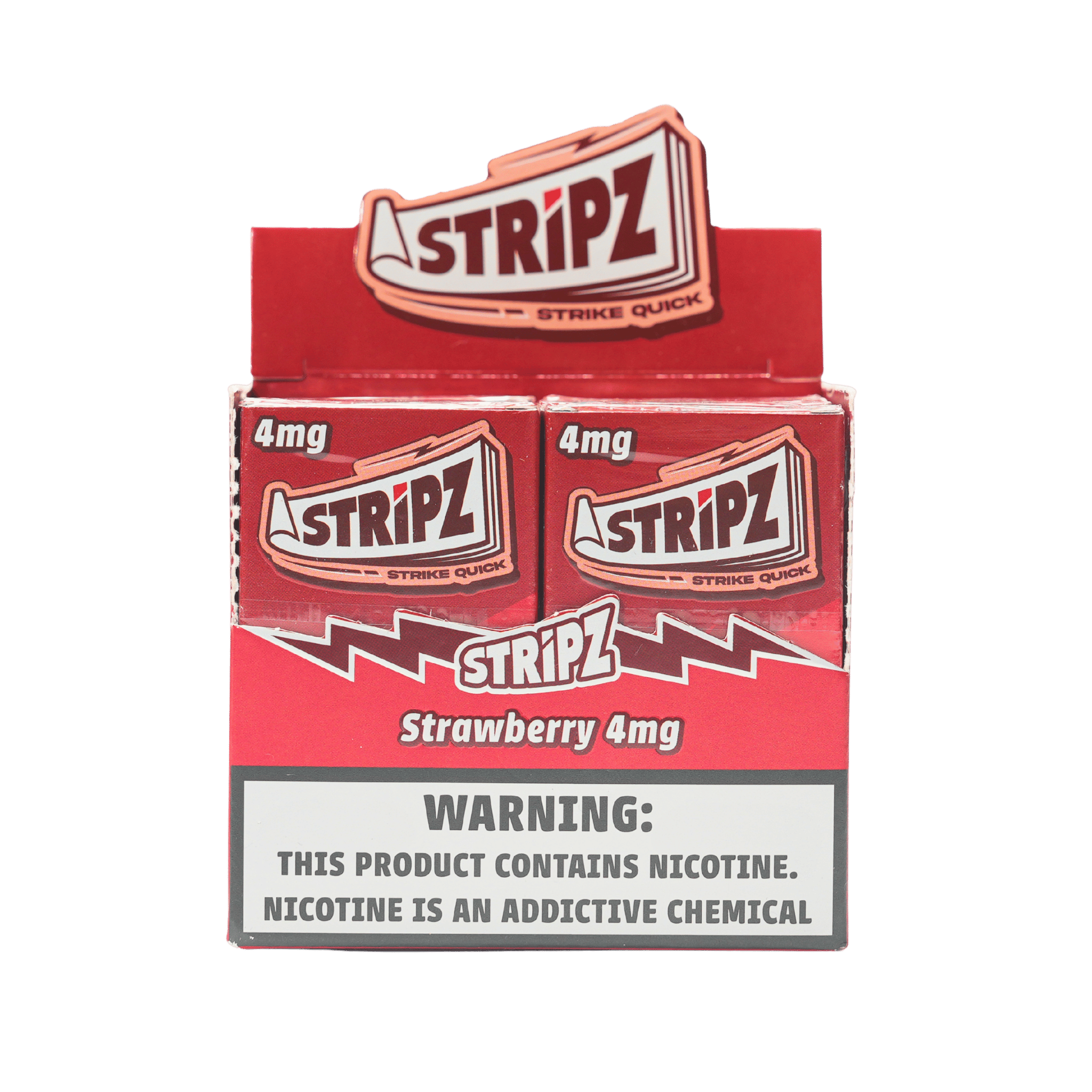 Strawberry Stripz 4mg — open display box of nicotine strip packs.